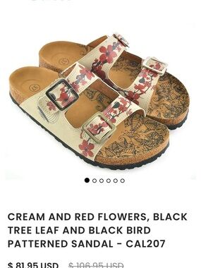 Cream Sandals with Red Floral Print and Adjustable Buckles